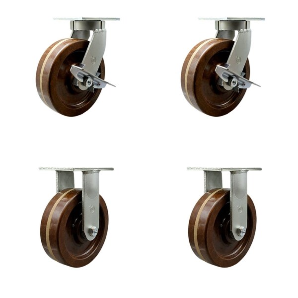 Service Caster 8'' Heavy Duty High Temp Phenolic Swivel Caster Set 2 Brakes 2 Rigid, 4PK CRAN-SCC-KP92S830-PHRHT-SLB-2-R-2 - main